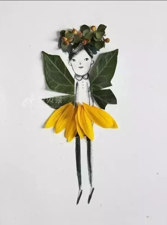 树叶拼贴美丽的花朵↓树叶拼贴画