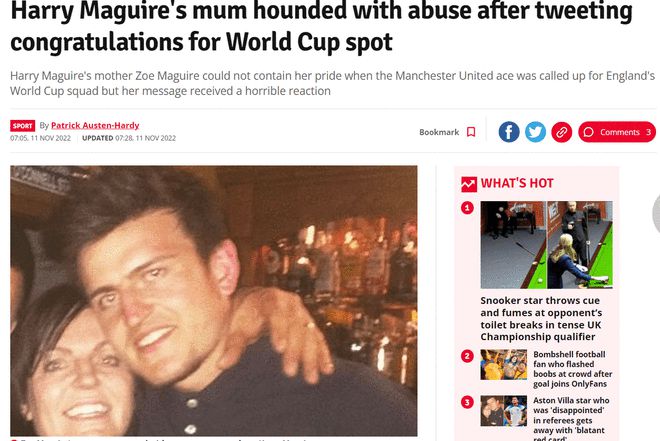 马奎尔妈妈庆祝儿子入围世界杯名单 遭英球迷网暴