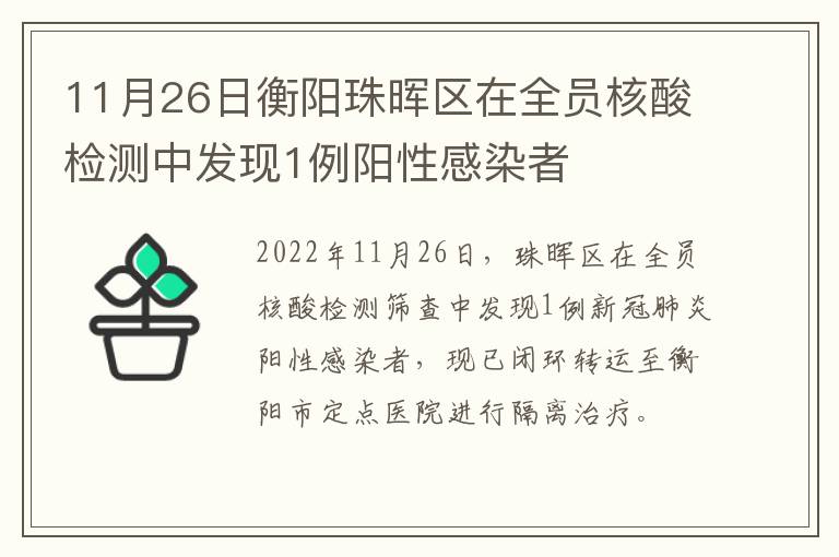 11月26日衡阳珠晖区在全员核酸检测中发现1例阳性感染者